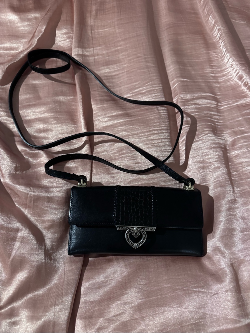 Classic Brighton Black Leather Crossbody Mini Bag with Heart Accent